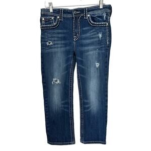 Miss Me Boyfriend Crop Jeans Womens 28 Distressed‎ Bleached Blue Thick Stitch